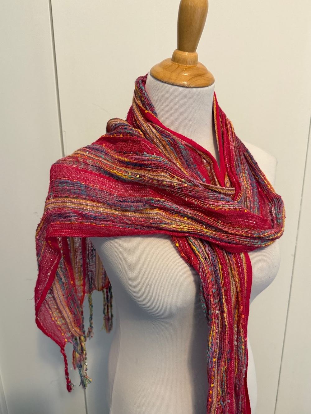 Pink Multicolor Fringe Scarf - Lightweight - Picture 3 of 10